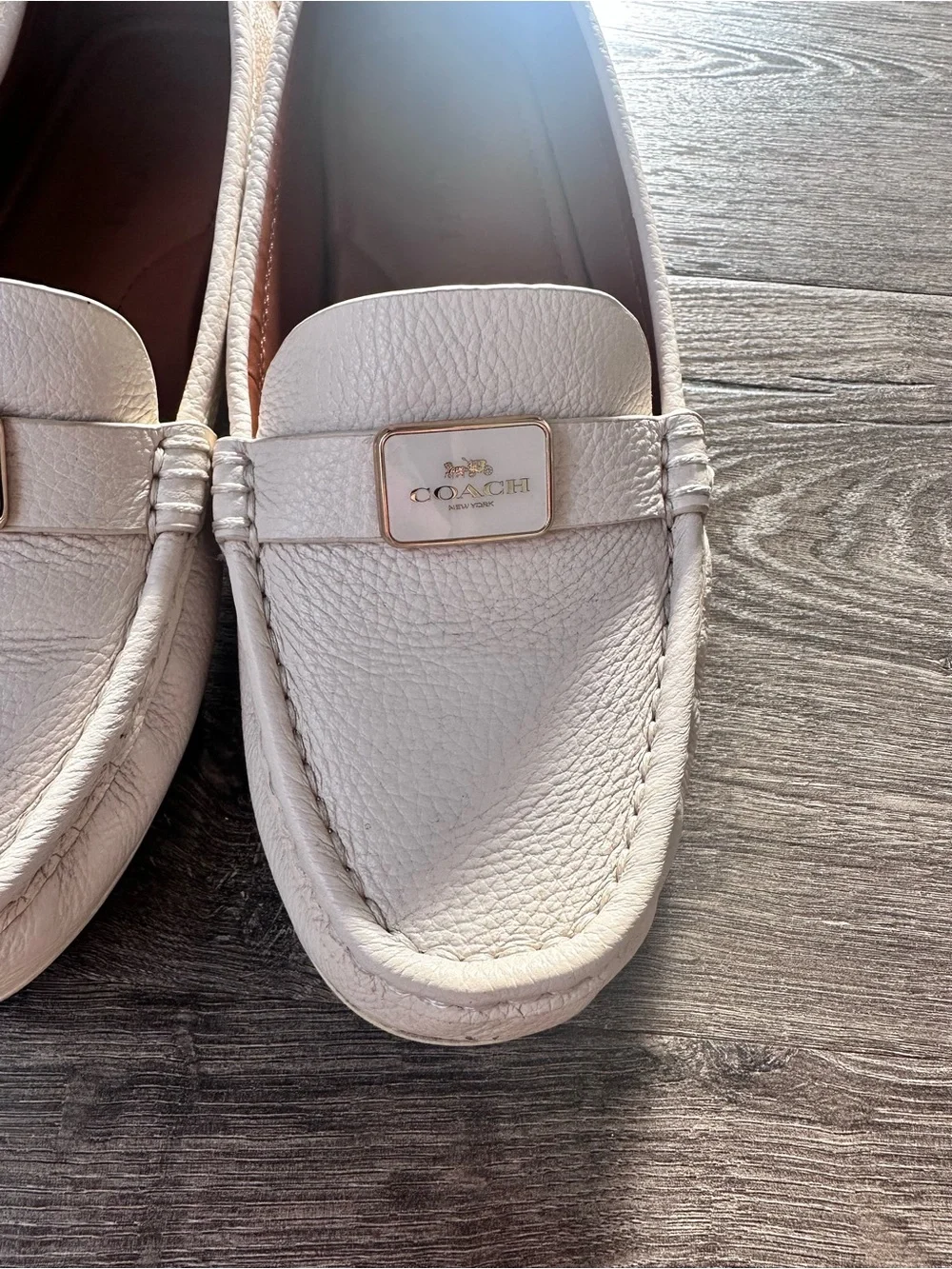 Coach White Pebbled Leather Penny Loafers with Gold Accent - Picture 2 of 7